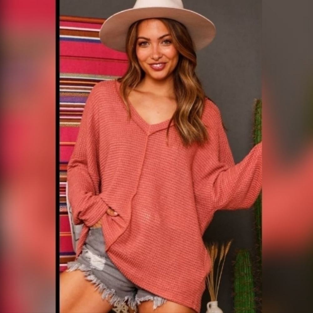 Coral Long Sleeve Solid Waffle Knit Loose Fit V-neckline Top.
